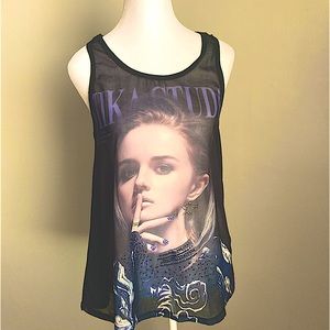 MJA Paris sheer rhinestone detail flowy tank top. Size M. Black w/ gold zipper